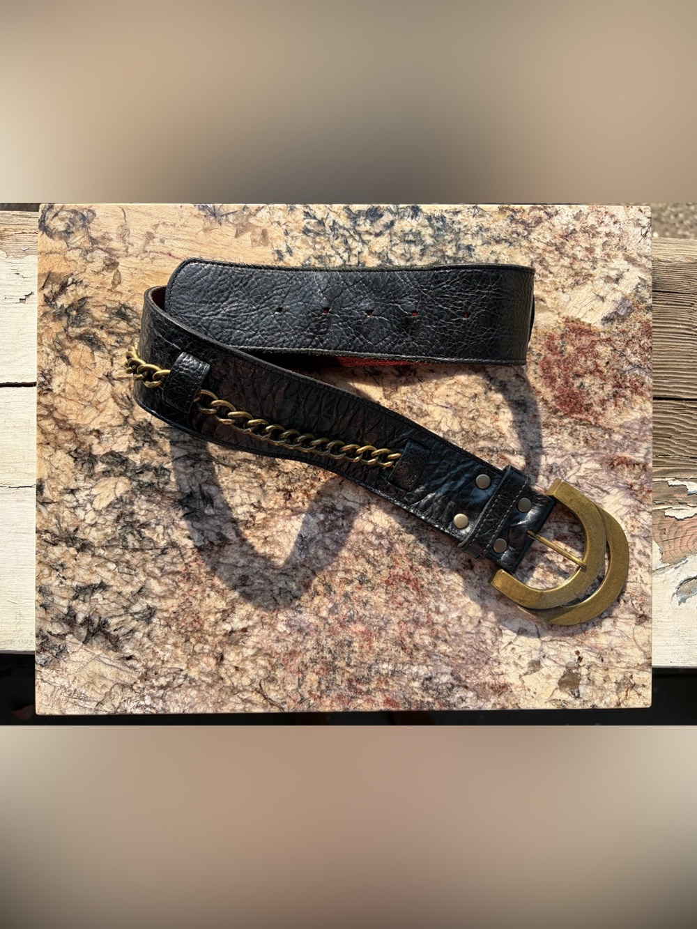 Kim White Black Leather & Brass Chain Waist Belt
